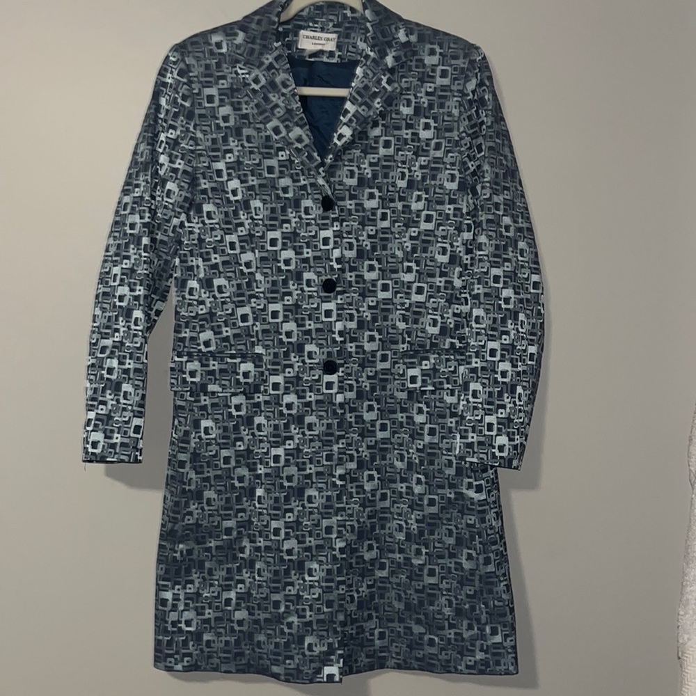 VTG Gorgeous Charles Gray London 3/4 Length Coat Size Small Silky Blue/Silvery